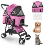 Foldable Pet Stroller with Shock Absorption Wheels and Storage Basket - Perfect for Small and Medium Dogs, Cats, and Puppies, Waterproof and Lightweight Dog Carrier Trolley in Pink.