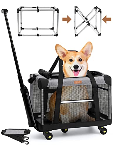 Make Traveling with Your Pet Effortless with the Rolling Dog Carrier - Soft Sided and Easy to Maneuver Cat Carrier with Telescopic Walking Handle and Wheels, Perfect for Dogs and Cats (Grey).