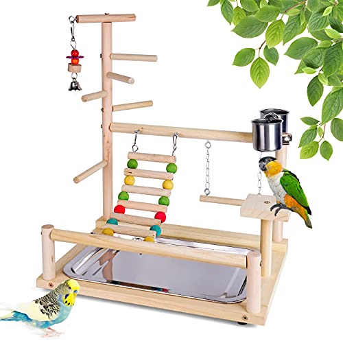 VolksRose Parrot Playground - Wooden activity stand with stainless steel feeding cups and a ladder, designed for small to medium-sized birds