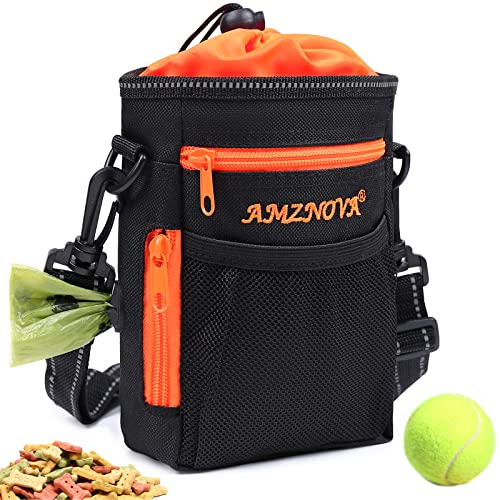 AMZNOVA Dog Treat Bag with adjustable shoulder strap, poop bag dispenser, and large capacity for dog treats, toys, and essentials in black