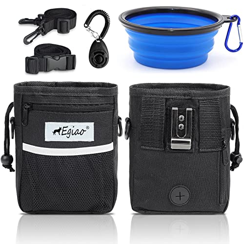 Egiao Black Dog Treat Pouch with multiple compartments, including a built-in poop bag dispenser, collapsible dog bowl, and training clicker – ideal for training, walking, and traveling with your dog