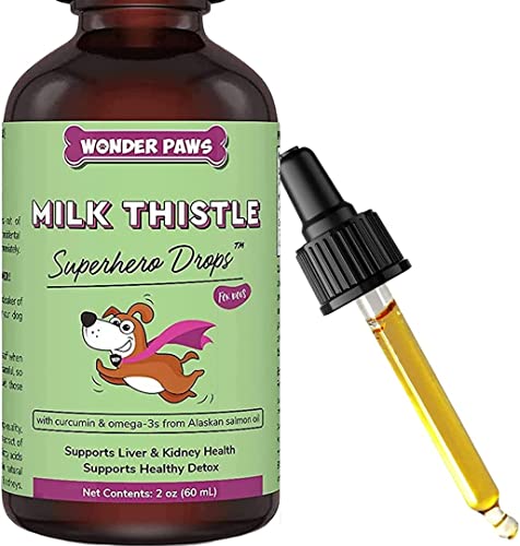 Wonder Paws Milk Thistle for Dogs: 2 oz liver support supplement with Wild Alaskan Salmon Oil, ideal for detox and kidney health