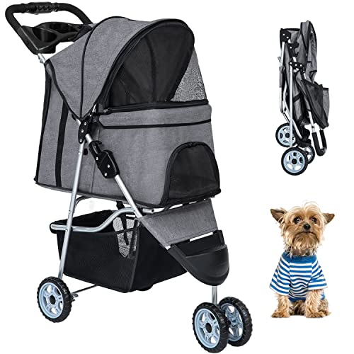 Grey jogger stroller for small to medium pets, featuring a foldable design, large wheels, and zippered mesh windows for visibility and ventilation.