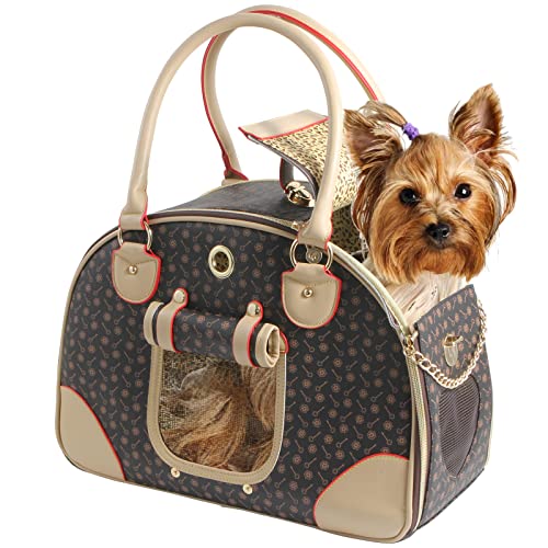 BETOP HOUSE Fashion Dog Carrier in brown PU leather, designed for small pets, featuring a stylish purse-like design, airline-approved, and with side pocket for essentials.