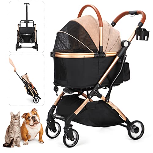 SKISOPGO 3-in-1 foldable pet stroller with detachable carrier for small and medium dogs and cats, shown in khaki with premium wheels and sturdy frame