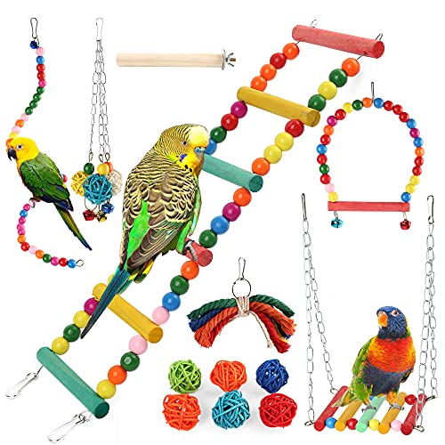 Colorful 13-Pack Chicken Parakeet Toys - Hanging Bell Hammock, Climbing Ladder, and Swing Toys for Cockatiels, Conures, Finches, Love Birds, and More by PrimePets.