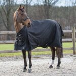 Horze Nevada 1200D Lightweight Waterproof Horse Turnout Rain Sheet in black, featuring adjustable buckle closures and tail flap for wind protection