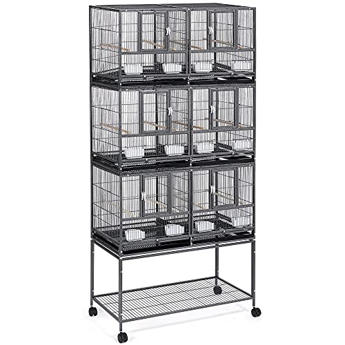 Yaheetech Stackable Divided Breeder Cage for Small Birds with Rolling Stand, featuring three individual cages for canaries, cockatiels, and lovebirds