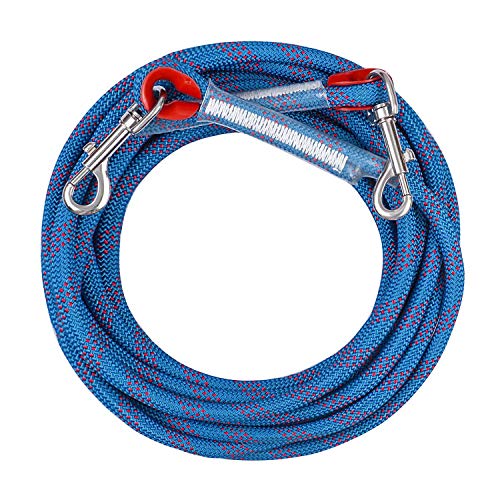 A 30ft ultra-strong dog tie out rope designed for large dogs, featuring a tangle-free design, heavy-duty rust-proof swivel clips, and reinforced rubber ends.