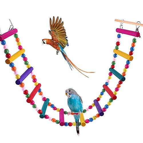 Bonaweite Colorful Rope Ladder for Birds – Flexible, natural wood climbing and swing bridge for parrots, cockatiels, and small pets with metal hooks for cage attachment.