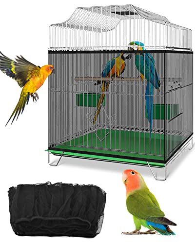 Adjustable Nylon Mesh Bird Cage Seed Guard - Stretchy Skirt with Elastic Band for Parrot Cages (Black)