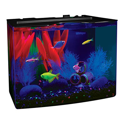 5-gallon crescent-shaped GloFish aquarium kit with blue LED lights and internal filtration system for vibrant fish display