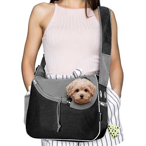 Small Dog Sling Carrier: Stylish and Comfortable Pet Purse with Adjustable Strap, Breathable Mesh, Poop Bag Dispenser, and Sherpa Bed for Travel (Black).
