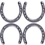 Set of 4 durable cast iron horseshoes, perfect for wall hanging decor and symbolizing good luck in rustic settings.