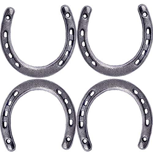 Set of 4 durable cast iron horseshoes, perfect for wall hanging decor and symbolizing good luck in rustic settings.