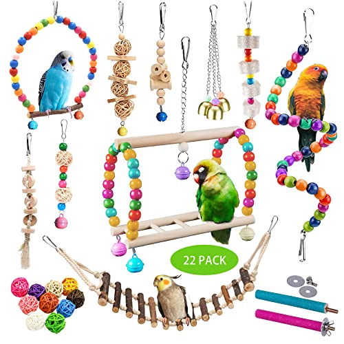 Colorful and Safe Toys for Your Pet Birds: 22-Pack of Parakeet, Cockatiel, and Hen Toys Including Swings, Chewing Toys, Climbing Ropes, and Wooden Ladders with Bells and Bungee Cords.
