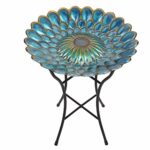 Peaktop 3207000 Outdoor Glass Solar Bird Bath with vibrant blue flower mosaic design, perfect for attracting birds and illuminating gardens at night