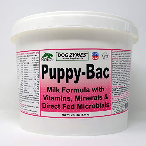 Dogzymes Puppy-Bac Milk Replacer in a 4-pound container, designed for optimal nutrition for growing puppies, closely mimicking real mother's milk