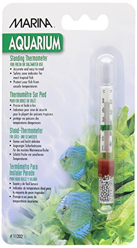 Marina Standing Thermometer for aquariums, providing accurate temperature readings in Fahrenheit and Celsius with a safety zone indicator, designed to remain upright at the bottom of the tank. 