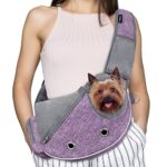 Adjustable dog sling carrier for small pets, featuring breathable mesh and poop bag dispenser, suitable for pets up to 10 lbs.