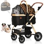 Experience the Ultimate in Convenience with Foldable Leopard Brown Pet Stroller for Medium and Small Dogs: Includes Storage Basket that Doubles as a Standalone Carrier!