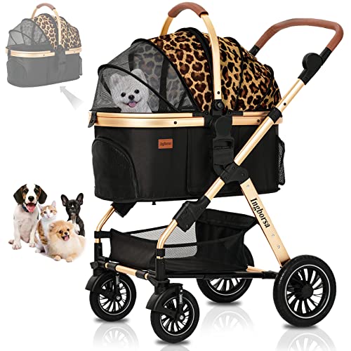 Experience the Ultimate in Convenience with Foldable Leopard Brown Pet Stroller for Medium and Small Dogs: Includes Storage Basket that Doubles as a Standalone Carrier!