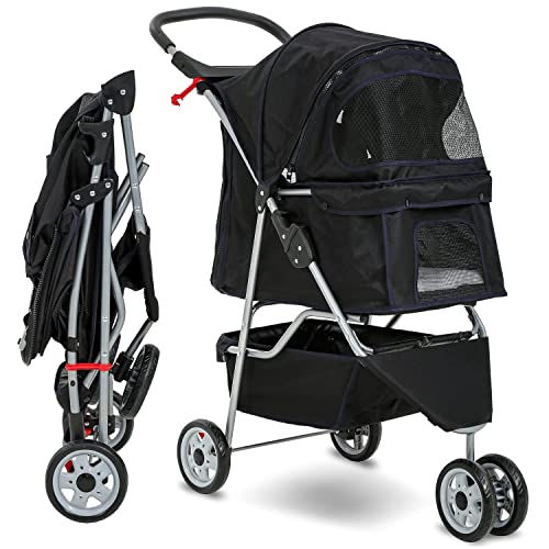 Folding 3-Wheel Dog Stroller with Storage and Cup Holder for Small to Medium Pets - Lightweight and Convenient - Black.