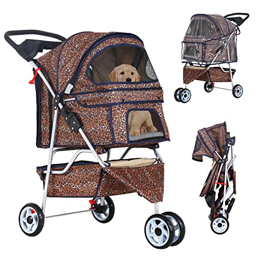 Leopard Skin Pet Stroller with Rain Cover and Storage Basket, 3 Wheels for Small and Medium Dogs and Cats.