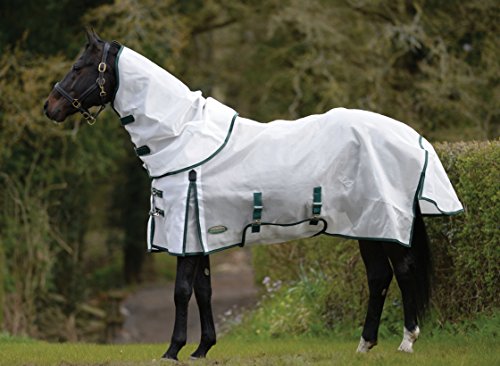 WeatherBeeta Comfitec Dura-Mesh Fly Sheet in white and green, featuring UV protection and a detachable neck cover for horses