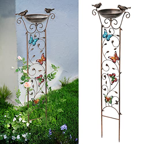 Antique bronze bird bath with decorative trellis featuring metal birds and butterflies, perfect for supporting climbing plants and adding charm to any outdoor garden.