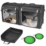 Wakytu 2-in-1 pet carrier in grey, featuring a split design for multiple pets, complete with foldable bowls, tent stakes, and adjustable hammocks.