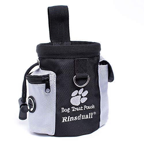 Rinsduall Dog Training Bag showcasing its durable waterproof design, adjustable drawstring closure, and convenient side pockets for treats and essentials, ideal for outdoor training sessions