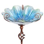 31-inch height blue glass birdbath with colorful handmade design and sturdy metal base, perfect for garden or yard decoration.