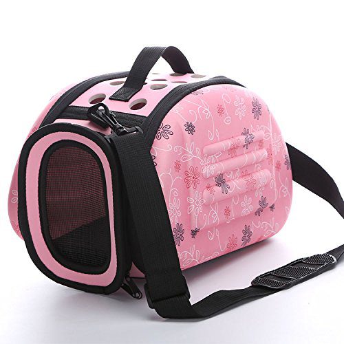 Foldable pink pet carrier for small dogs, cats, and rabbits, with breathable mesh doors and reinforced structure, ideal for travel and outdoor adventures.