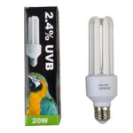 Lucky Herp Compact Bird Lamp emitting UVA and UVB light, ideal for enhancing the health and vibrancy of captive birds.