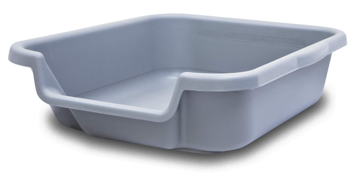 Durable Misty Gray Dog Litter Box designed for small dogs, featuring an open top entry for easy access and comfort.