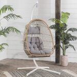 Walker Edison Carmel Modern Rattan Hanging Egg Swing Chair with Stand in Brown and Grey, perfect for outdoor relaxation