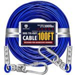 Heavy-duty 100ft tie-out cable for large dogs, featuring stainless steel wire construction, heavy-duty swivel hooks, and reinforced ends for ultimate durability and safety during outdoor activities