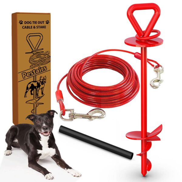 30ft Dog Tie Out Cable & Stake: Perfect for Medium to Large Dogs Up to 125 lbs - Outdoor Leash with Spiral Blade Stake for Yard, Beach, Garden (30ft - 125lbs, Red).