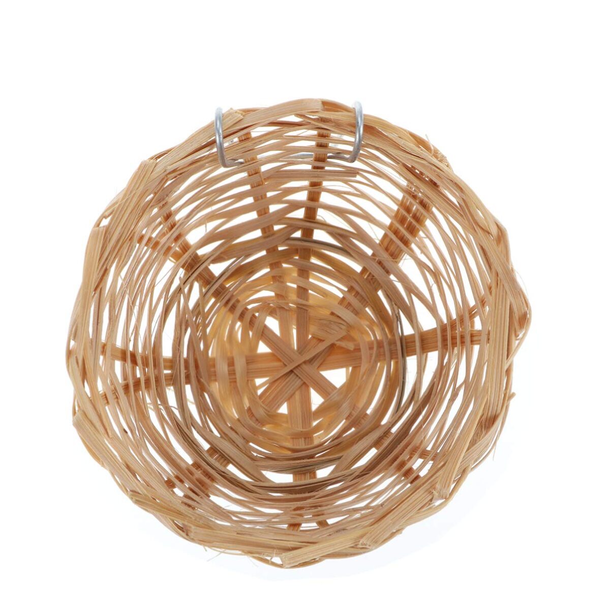 Two handwoven bamboo bird nests with hook design, ideal for small birds like canaries, finches, and parakeets, providing a cozy and natural shelter for breeding and resting