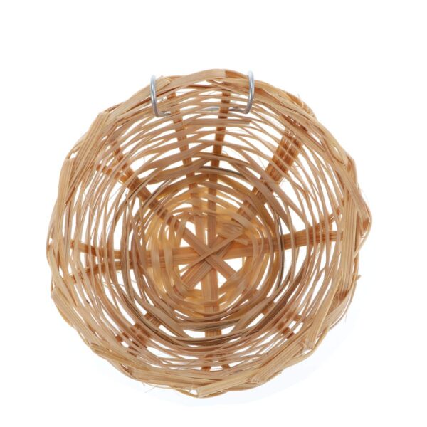 Two handwoven bamboo bird nests with hook design, ideal for small birds like canaries, finches, and parakeets, providing a cozy and natural shelter for breeding and resting