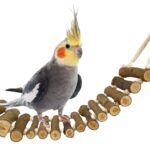 Natural wood and rope bird cage ladder, designed for interactive play and climbing, suitable for small to medium-sized birds, including parakeets and cockatiels.