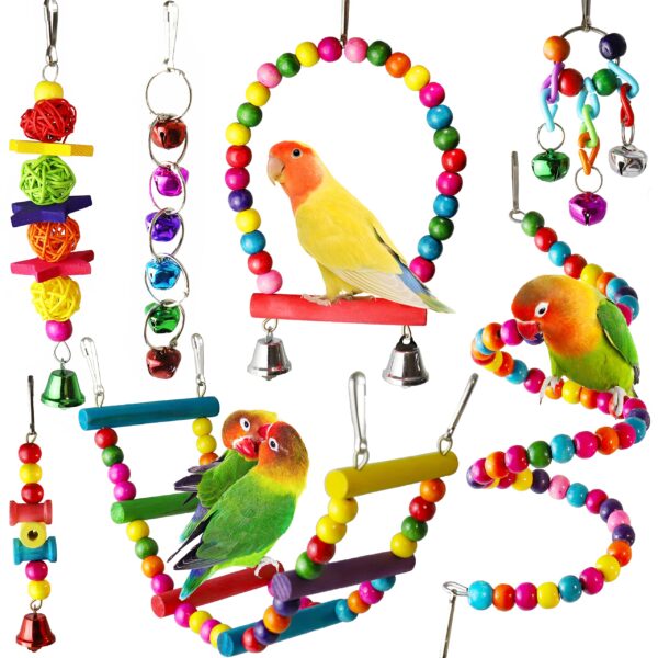 Keep Your Feathered Friends Entertained with 7-Piece Chicken Parakeet Cockatiel Toy Set - Perfect for Conures, Love Birds, Finches, and Budgerigars!