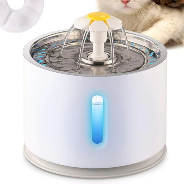 2.4L Automatic Pet Water Fountain with LED lighting and filter for cats and small dogs, ensuring fresh, filtered water at all times.