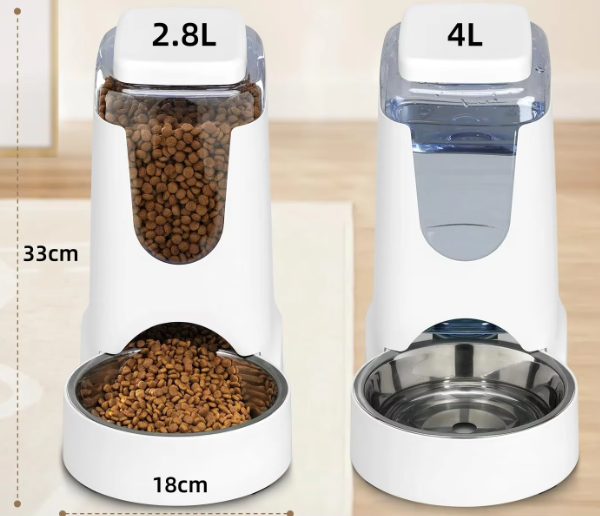 Automatic gravity pet feeder and water dispenser with stainless steel bowl for small to medium-sized pets, perfect for hassle-free feeding.