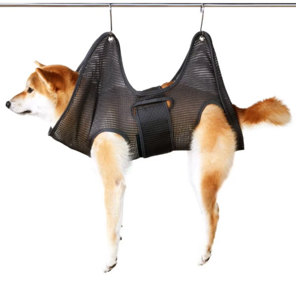 Durable Dogs Grooming Hammock Helper made from breathable mesh, designed for comfortable grooming, nail trimming, and bathing for pets of various sizes.