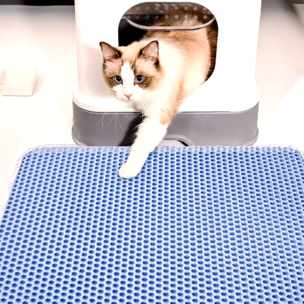 Waterproof and non-slip cat litter mat with a double honeycomb design for trapping litter and protecting floors from spills.