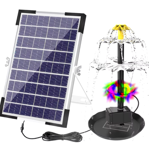 Solar fountain pump with cascading water and LED lights, perfect for gardens, bird baths, and ponds, adding an eco-friendly touch to outdoor spaces.