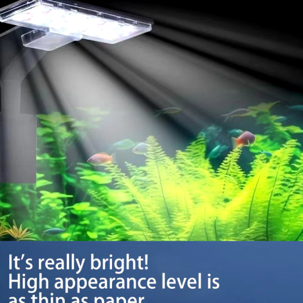 Ultra-thin clip-on aquarium light illuminating a vibrant tank with colorful fish and lush plants, offering energy-efficient lighting and enhanced color visibility.